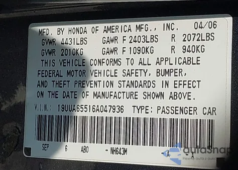 2006 Acura Tl из США, поврежденный, VIN 19UUA65516A047936